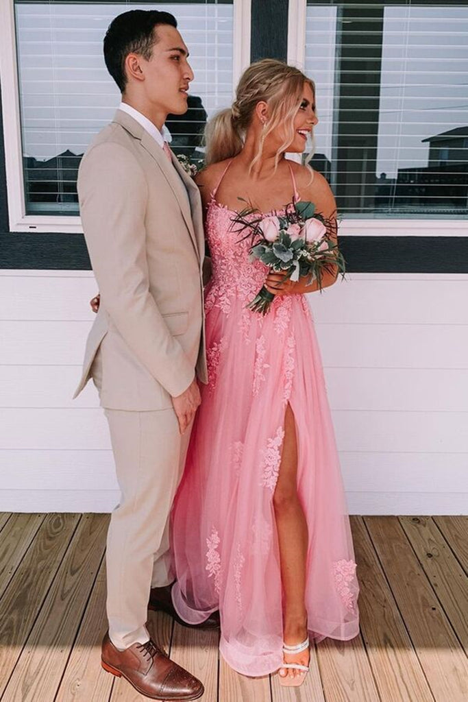 Backless Pink Lace Appliqued Long Prom Dress with High Slit, Pink Lace abcprom Backless Pink Lace Appliqued Long Prom Dress with High Slit, Pink Lace abcprom