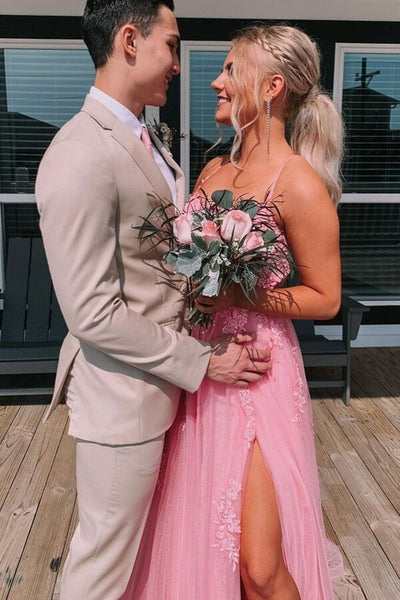 Backless Pink Lace Appliqued Long Prom Dress with High Slit, Pink Lace Formal Graduation Evening Dress A1506