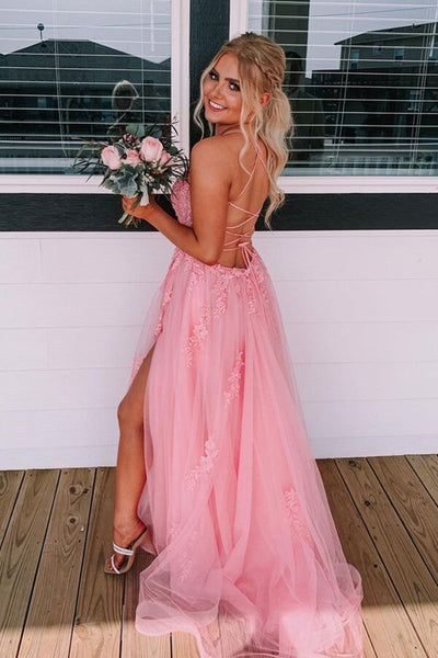 Backless Pink Lace Appliqued Long Prom Dress with High Slit, Pink Lace Formal Graduation Evening Dress A1506