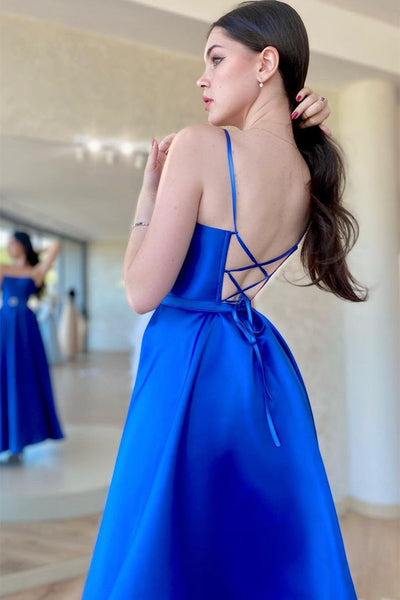 Backless Royal Blue Satin Long Prom Dress with High Slit, Backless Blue Formal Graduation Evening Dress A1693