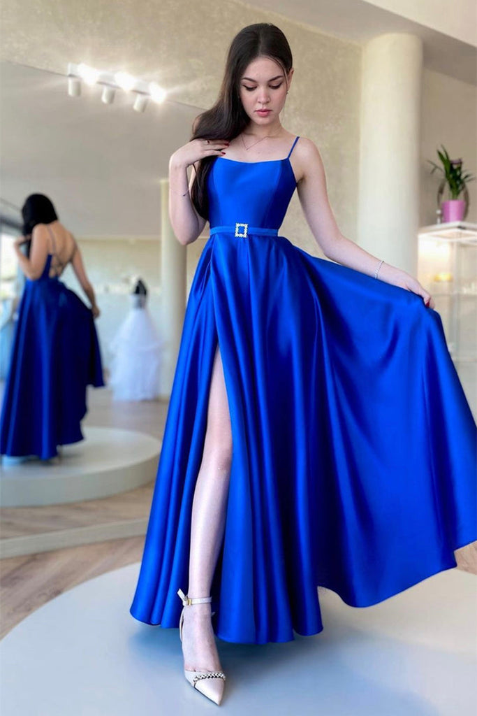 Backless Royal Blue Satin Long Prom Dress with High Slit, Backless Blu abcprom Backless Royal Blue Satin Long Prom Dress with High Slit, Backless Blu abcprom