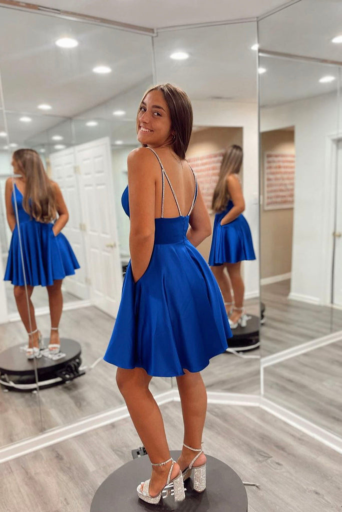 Backless V Neck Royal Blue Prom Dress, Royal Blue Short Homecoming Dre