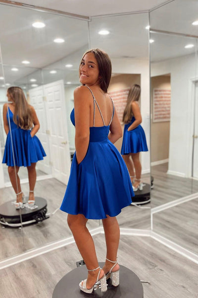 Backless V Neck Royal Blue Prom Dress, Royal Blue Short Homecoming Dress, Royal Blue Formal Evening Dress A1698