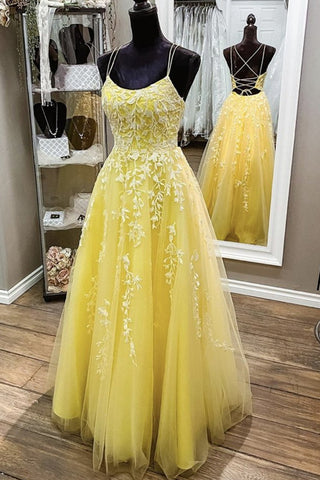 Backless Yellow Lace Long Prom Dress, Long Yellow Lace Formal Dress, Yellow Evening Dress