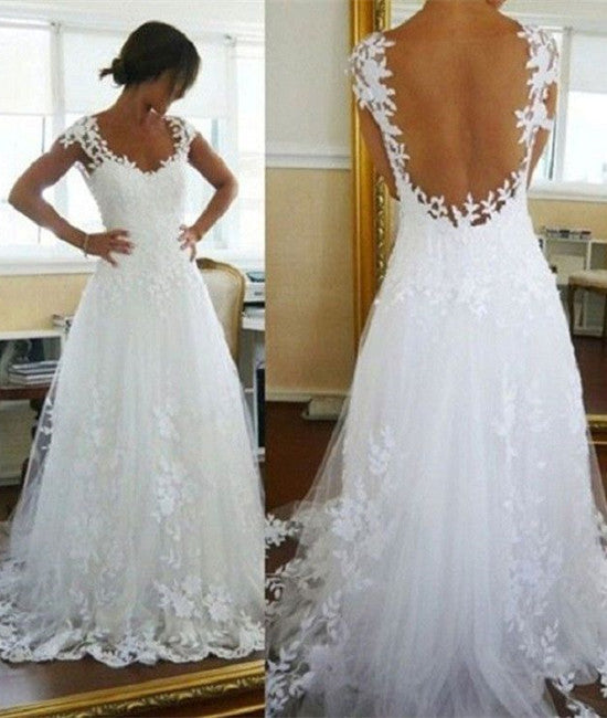 Backless White Lace Sweep Train Tulle Prom Gown, Lace Evening Dresses, Backless Wedding Dresses