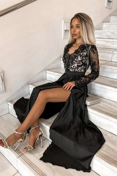 Black Long Sleeves V Neck Lace Prom Dress with Slit, Long Sleeves Black Formal Dress, Black Lace Evening Dress