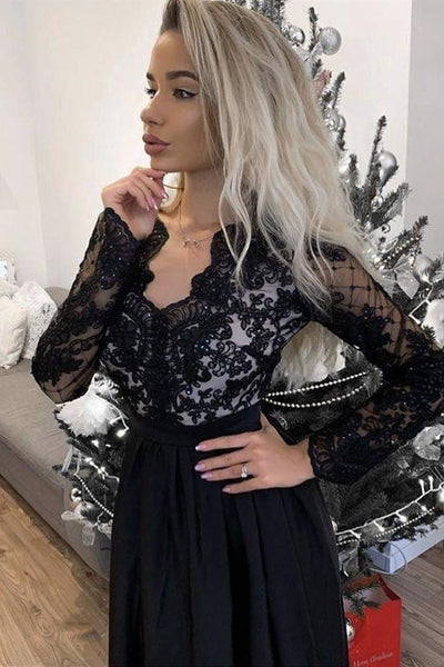 Black Long Sleeves V Neck Lace Prom Dress with Slit, Long Sleeves Black Formal Dress, Black Lace Evening Dress