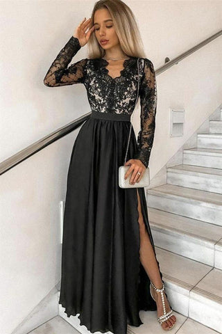 Black Long Sleeves V Neck Lace Prom Dress with Slit, Long Sleeves Black Formal Dress, Black Lace Evening Dress
