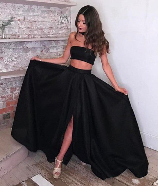 Black A Line 2 Pieces Satin Long Prom Dress with Leg Slit, 2 Pieces Bl abcprom Black A Line 2 Pieces Satin Long Prom Dress with Leg Slit, 2 Pieces Bl abcprom
