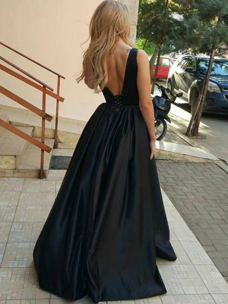 Black A Line V Neck Open Back Satin Long Prom Dresses, Black Formal Dr –  abcprom