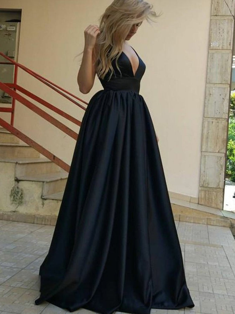 Black A Line V Neck Open Back Satin Long Prom Dresses, Black Formal Dr abcprom Black A Line V Neck Open Back Satin Long Prom Dresses, Black Formal Dr abcprom