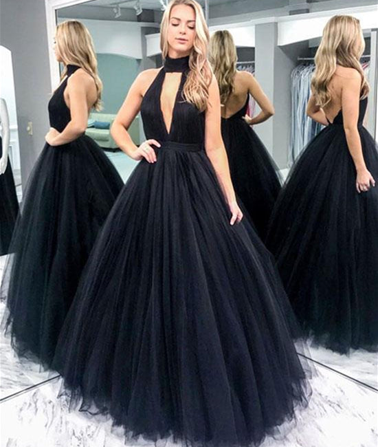 Black V Neck Backless Tulle Long Prom Dress, Black Backless Formal Dress, Black Evening Dress, Ball Gown