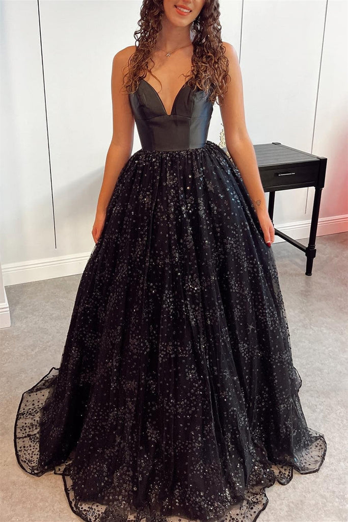 Black Sequin Open Back Plunging V Neck Prom Dress - Promfy