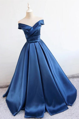 Blue Off Shoulder Satin Long Prom Dresses, Off Shoulder Blue Formal Dresses, Ball Gown, Evening Dresses