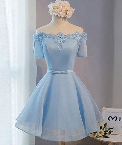 Blue Short Sleeves Lace-up Organza Bow Prom Dresses, Homecoming Dresses
