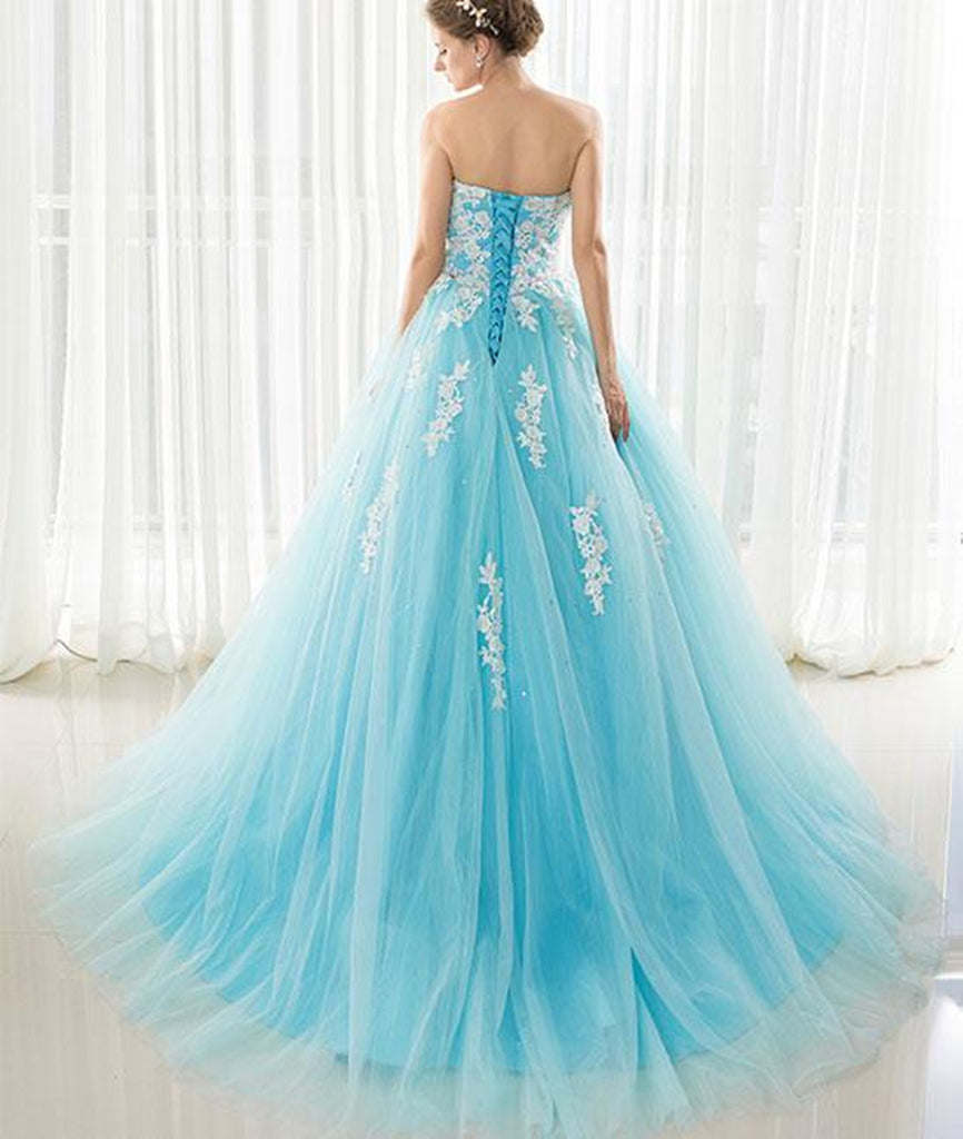 Blue Sweetheart Neck Lace Tulle Long Prom Dress with White Appliques, abcprom Blue Sweetheart Neck Lace Tulle Long Prom Dress with White Appliques, abcprom