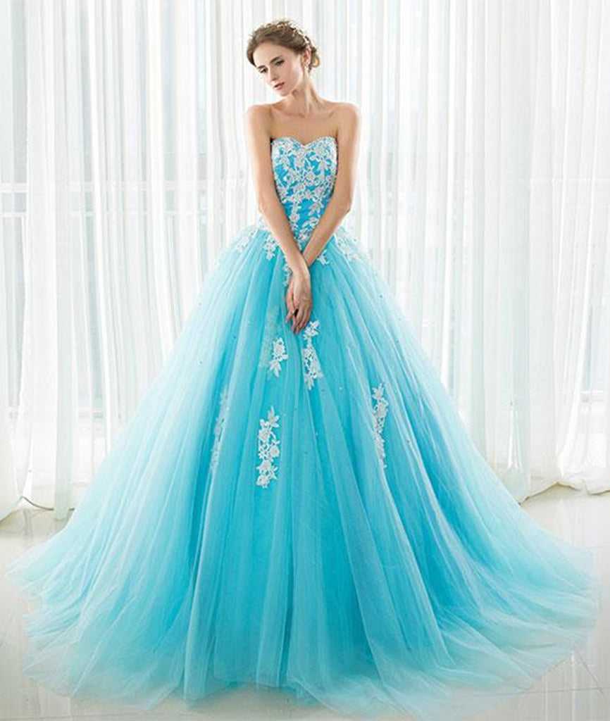 Blue Sweetheart Neck Lace Tulle Long Prom Dress with White Appliques, abcprom Blue Sweetheart Neck Lace Tulle Long Prom Dress with White Appliques, abcprom