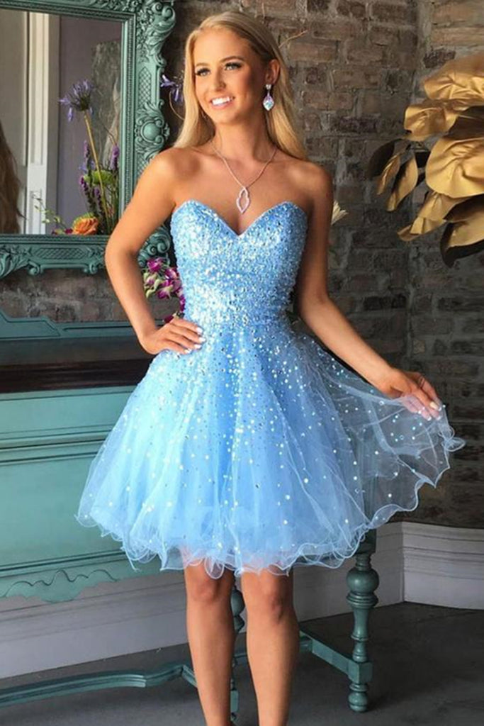 Blue Sweetheart Neck Sequins Tulle Short Prom Dresses, Cute Blue Homecoming Dresses, Blue Formal Graduation Evening Dresses