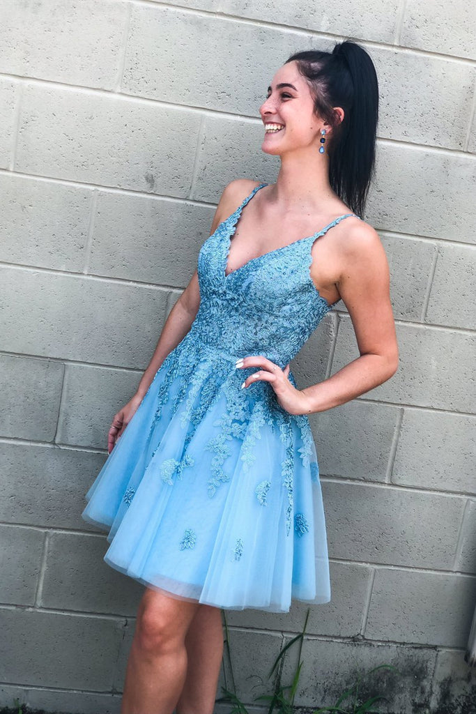 Blue V Neck Open Back Lace Short Prom Dress Homecoming Dress, Blue Lace Formal Graduation Evening Dress, Blue Cocktail Dress