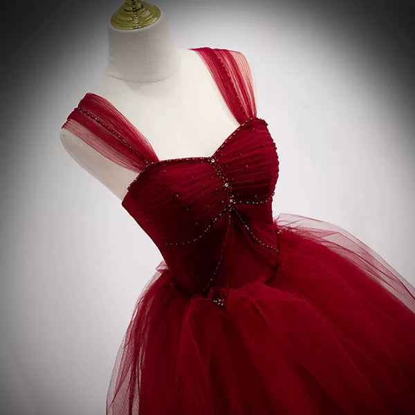 A Line Spaghetti Straps Beaded Burgundy Tulle Long Prom Dresses, Long Burgundy Formal Evening Dresses A1865