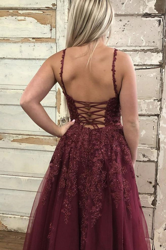 Burgundy V Neck Backless Lace Long Prom Dress, Burgundy Lace Long Form abcprom Burgundy V Neck Backless Lace Long Prom Dress, Burgundy Lace Long Form abcprom