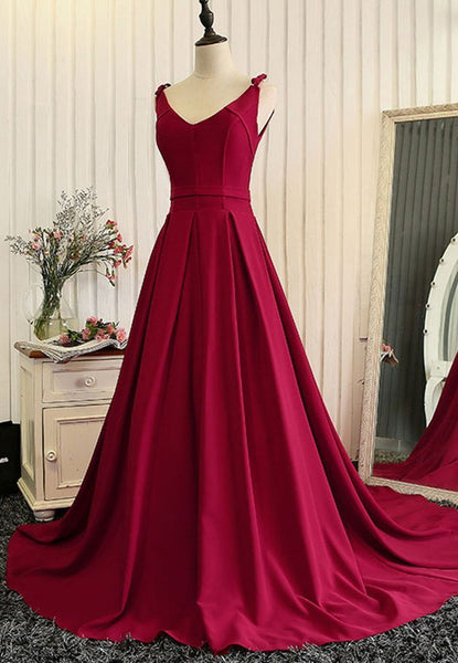 Burgundy A Line V Neck Sweep Train Open Back Satin Long Prom Dress, V Neck Burgundy Formal Dress, Evening Dress