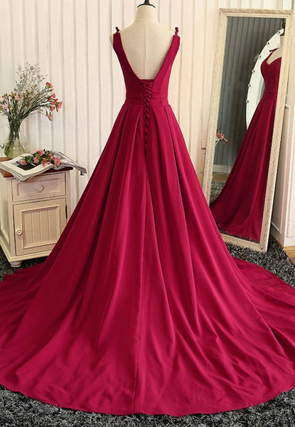 Burgundy A Line V Neck Sweep Train Open Back Satin Long Prom Dress, V Neck Burgundy Formal Dress, Evening Dress