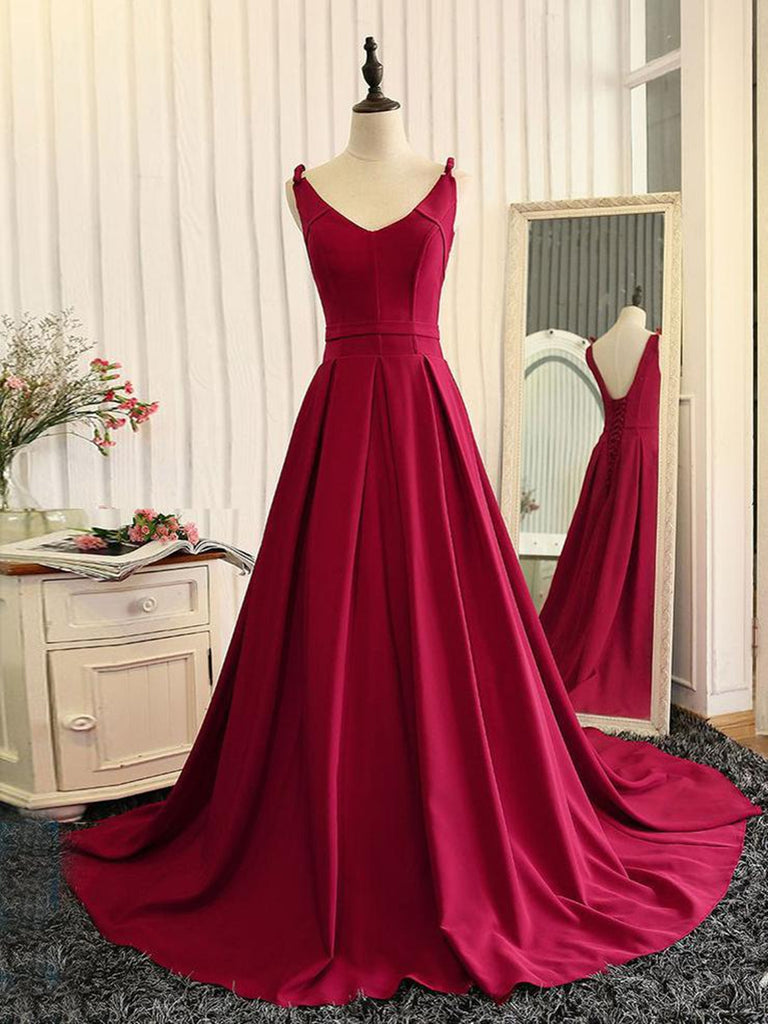 Burgundy A Line V Neck Sweep Train Open Back Satin Long Prom Dress, V Neck Burgundy Formal Dress, Evening Dress
