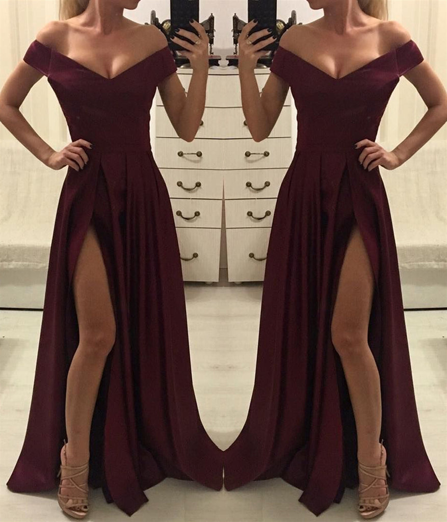 Burgundy Off Shoulder Satin Long Prom Dress with High Slit, Off Should abcprom Burgundy Off Shoulder Satin Long Prom Dress with High Slit, Off Should abcprom