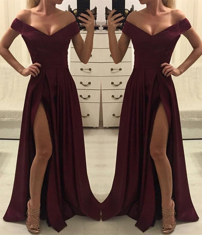 Burgundy Off Shoulder Satin Long Prom Dress with High Slit, Off Shoulder Burgundy Long Evening Dress, Formal Dress