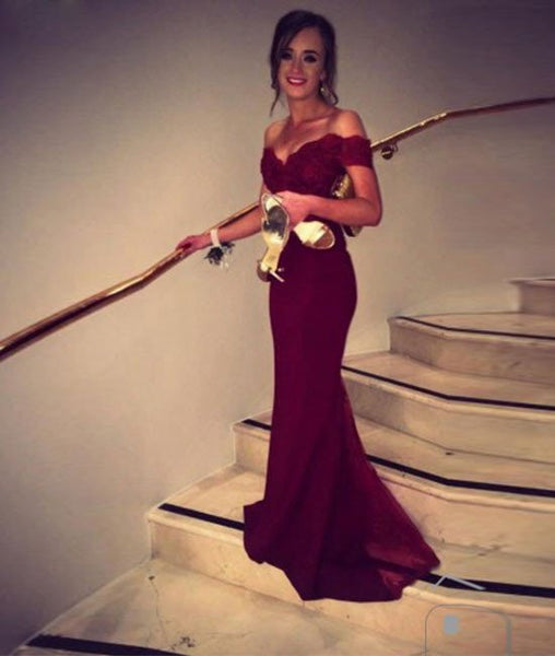Burgundy Off Shoulder Sweep Train Mermaid Prom Dresses with Lace Top, Formal Dresses
