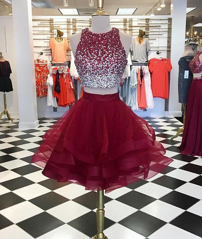 Burgundy Round Neck 2 Pieces Sequins Tulle Short Prom Dress, 2 Pieces Burgundy Homecoming Dress, Graudation Dress