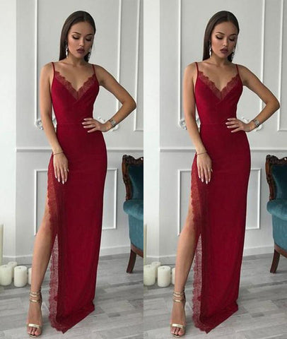 Burgundy Spaghetti Straps Lace Long Prom Dresses with Side High Slit, Burgundy Graduation Dresses, Burgundy Formal Evening Dresses