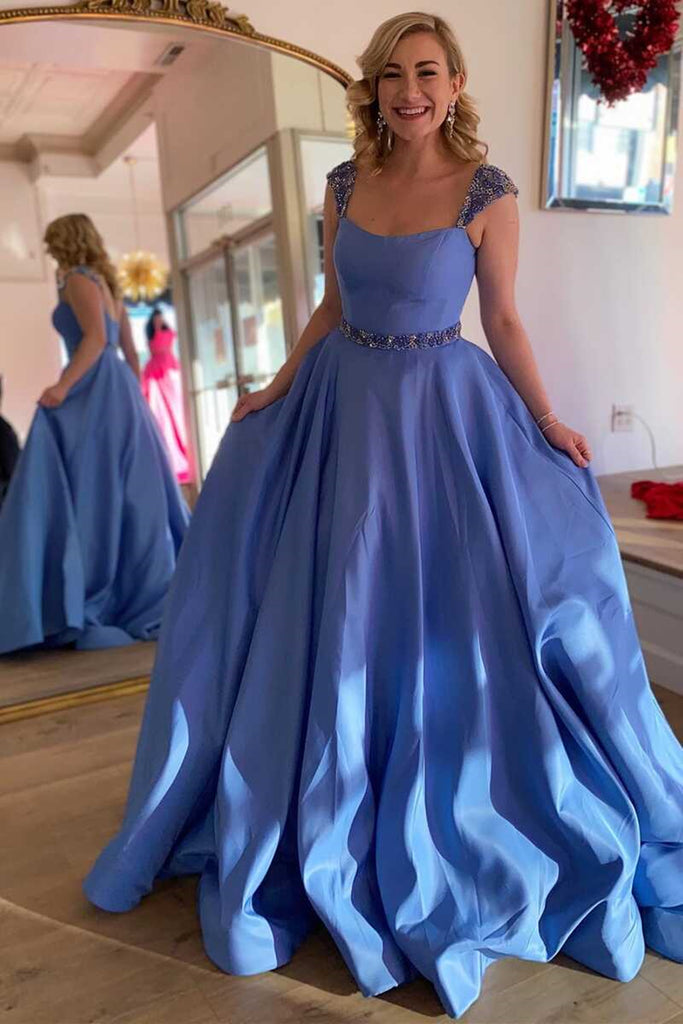 Cap Sleeves Blue Satin Long Prom Dress, Open Back Blue Formal Graduation Evening Dress A1536