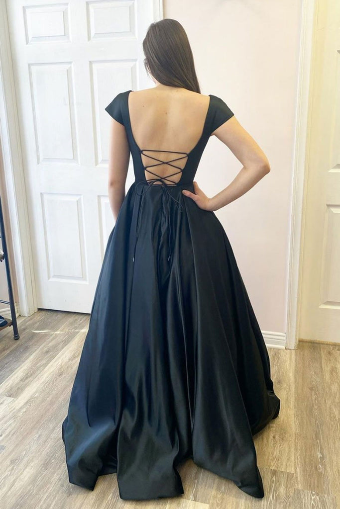 Cap Sleeves Open Back Black Satin Long Prom Dress with Pocket, Backles – abcprom