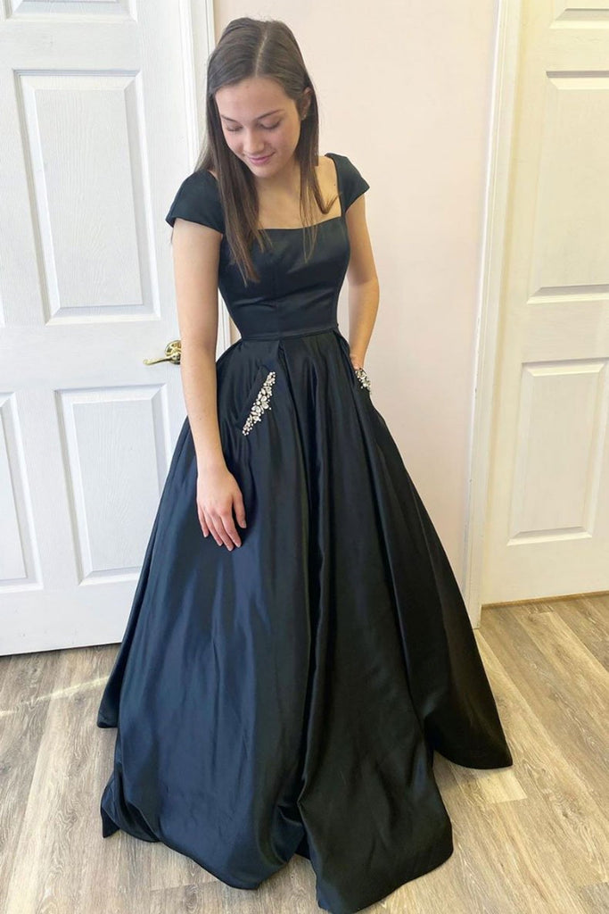 Cap Sleeves Open Back Black Satin Long Prom Dress with Pocket, Backless Black Formal Graduation Evening Dress