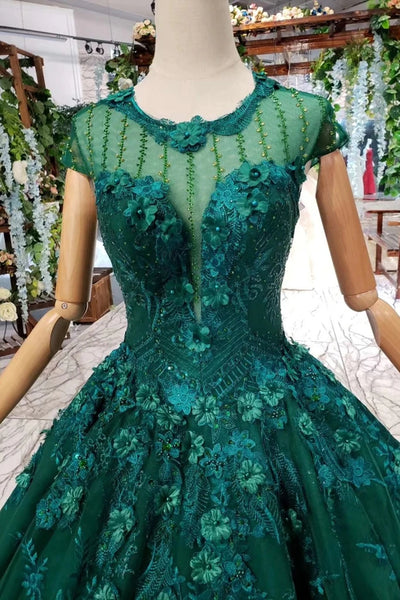 Cap Sleeves Round Neck Open Back Green Lace Prom Dress, Cap Sleeves Green Lace Formal Dress, Green Lace Evening Dress