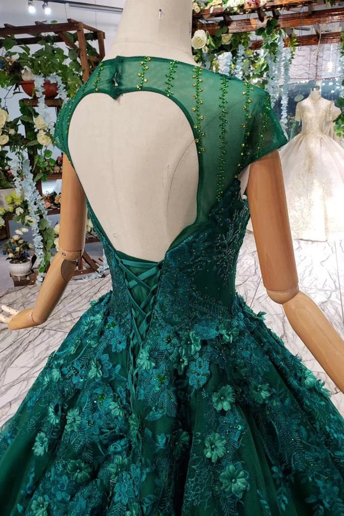 Cap Sleeves Round Neck Open Back Green Lace Prom Dress, Cap Sleeves Gr abcprom Cap Sleeves Round Neck Open Back Green Lace Prom Dress, Cap Sleeves Gr abcprom