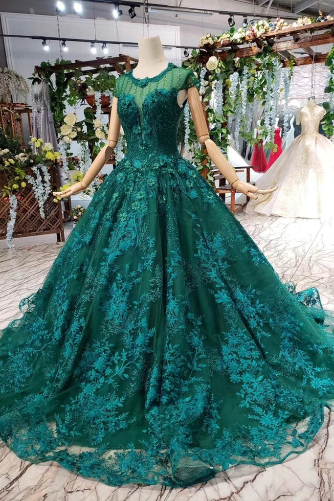Cap Sleeves Round Neck Open Back Green Lace Prom Dress, Cap Sleeves Gr abcprom Cap Sleeves Round Neck Open Back Green Lace Prom Dress, Cap Sleeves Gr abcprom