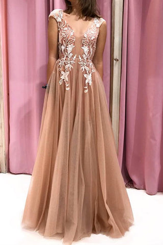 Cap Sleeves V Neck Open Back Champagne Lace Long Prom Dress, Champagne Lace Formal Evening Dress