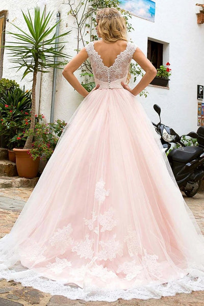 Cap Sleeves Lace Pink Tulle Long Prom Dress, Pink Lace Formal Evening Dress, Pink Sweet 16 Dress