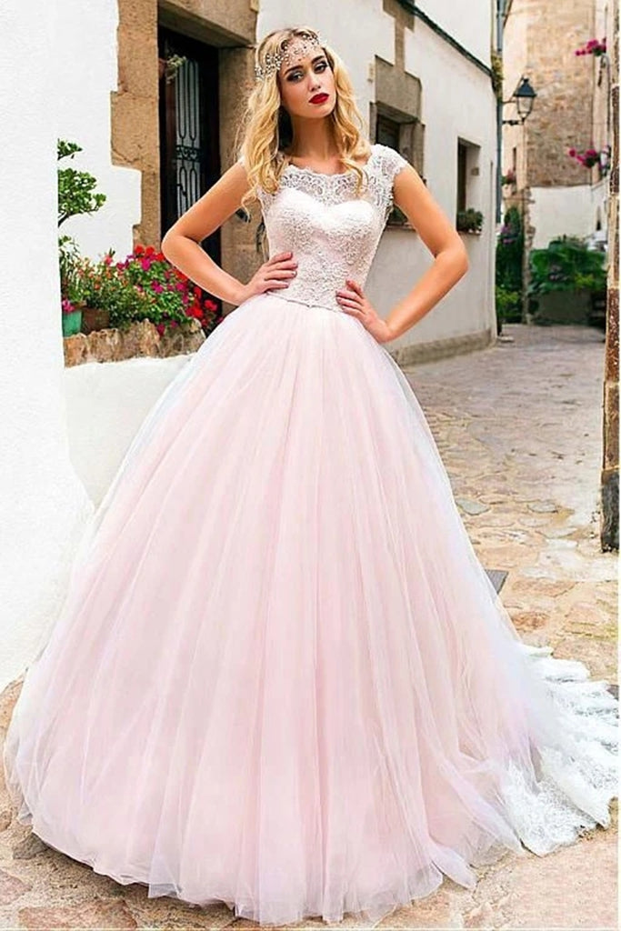Cap Sleeves Lace Pink Tulle Long Prom Dress, Pink Lace Formal Evening Dress, Pink Sweet 16 Dress