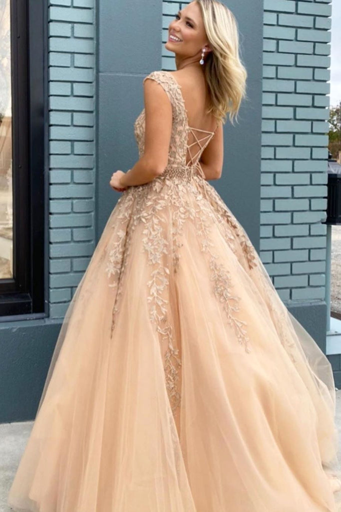Cap Sleeves Round Neck Champagne Lace Long Prom Dress, Cap Sleeves Cha abcprom Cap Sleeves Round Neck Champagne Lace Long Prom Dress, Cap Sleeves Cha abcprom