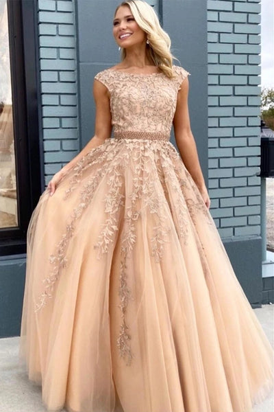 Cap Sleeves Round Neck Champagne Lace Long Prom Dress, Cap Sleeves Champagne Lace Formal Dress, Lace Champagne Evening Dress