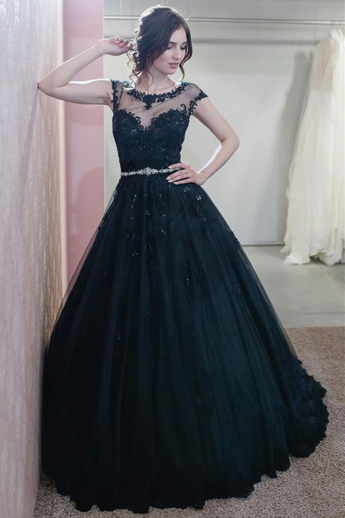 Cap Sleeves Round Neck Navy Blue Lace Long Prom Dress, Navy Blue Lace Formal Graduation Evening Dress, Lace Ball Gown