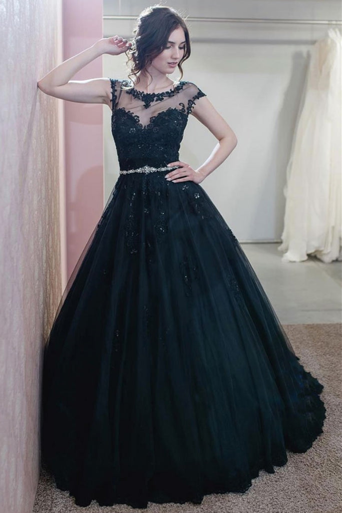 Cap Sleeves Round Neck Navy Blue Lace Long Prom Dress, Navy Blue Lace abcprom Cap Sleeves Round Neck Navy Blue Lace Long Prom Dress, Navy Blue Lace abcprom