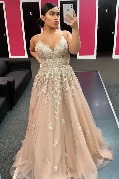 Champagne Tulle V Neck Long Lace Floral Prom Dress, Champagne Lace Floral Formal Dress, Champagne Evening Dress