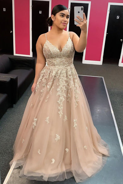 Champagne Tulle V Neck Long Lace Floral Prom Dress, Champagne Lace Floral Formal Dress, Champagne Evening Dress
