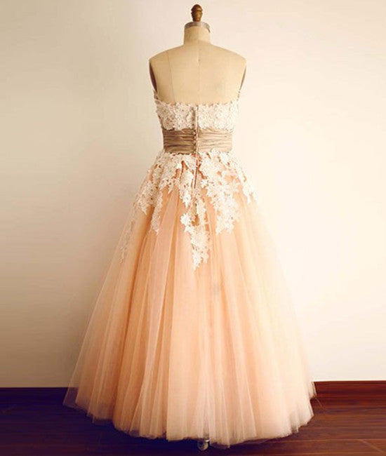 Champagne Tulle Lace Tea Pearl Prom Dresses, Lace Wedding Dresses – abcprom
