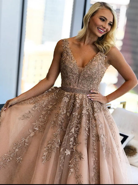 Champagne V Neck Lace Tulle Long Prom Dresses, Champagne Lace Formal Dresses, Champagne Evening Dresses
